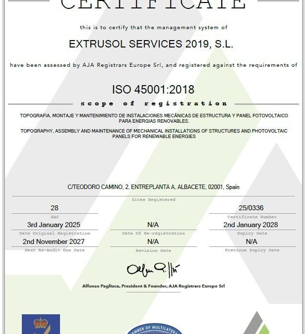 Extrusol obtiene las certificaciones ISO 9001, ISO 14001 e ISO 45001